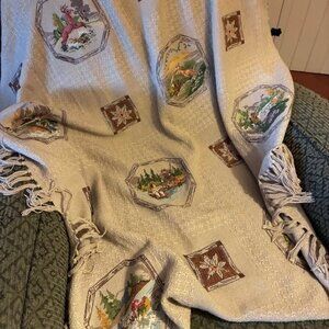 Vintage Cabin Classic Afghan with Cross Stitched Outdoor Scenes